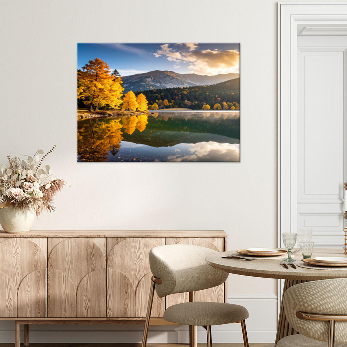 LEINWANDBILD Herbstlandschaft See Berge 120x80cm - Gelb, Textil (120/80cm) - Feeby