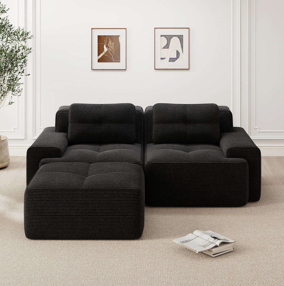 ECKSOFA 204/177/69 cm schwarz aus Cord mit Tiefsitz und boneless Design - Schwarz, Textil (177/204cm) - OKWISH
