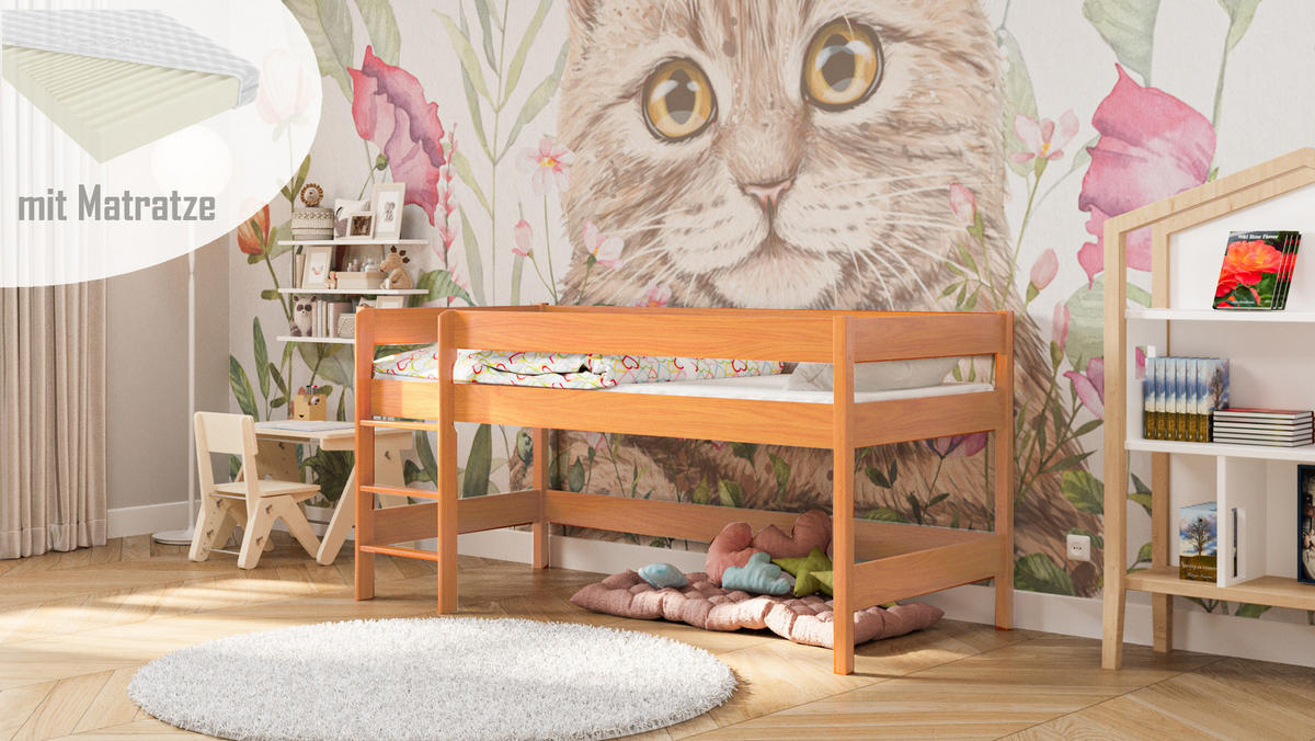 HOCHBETT Leo 140x70 teak mit Matratze - Braun, Holzwerkstoff (70/140cm) - LUKDOM