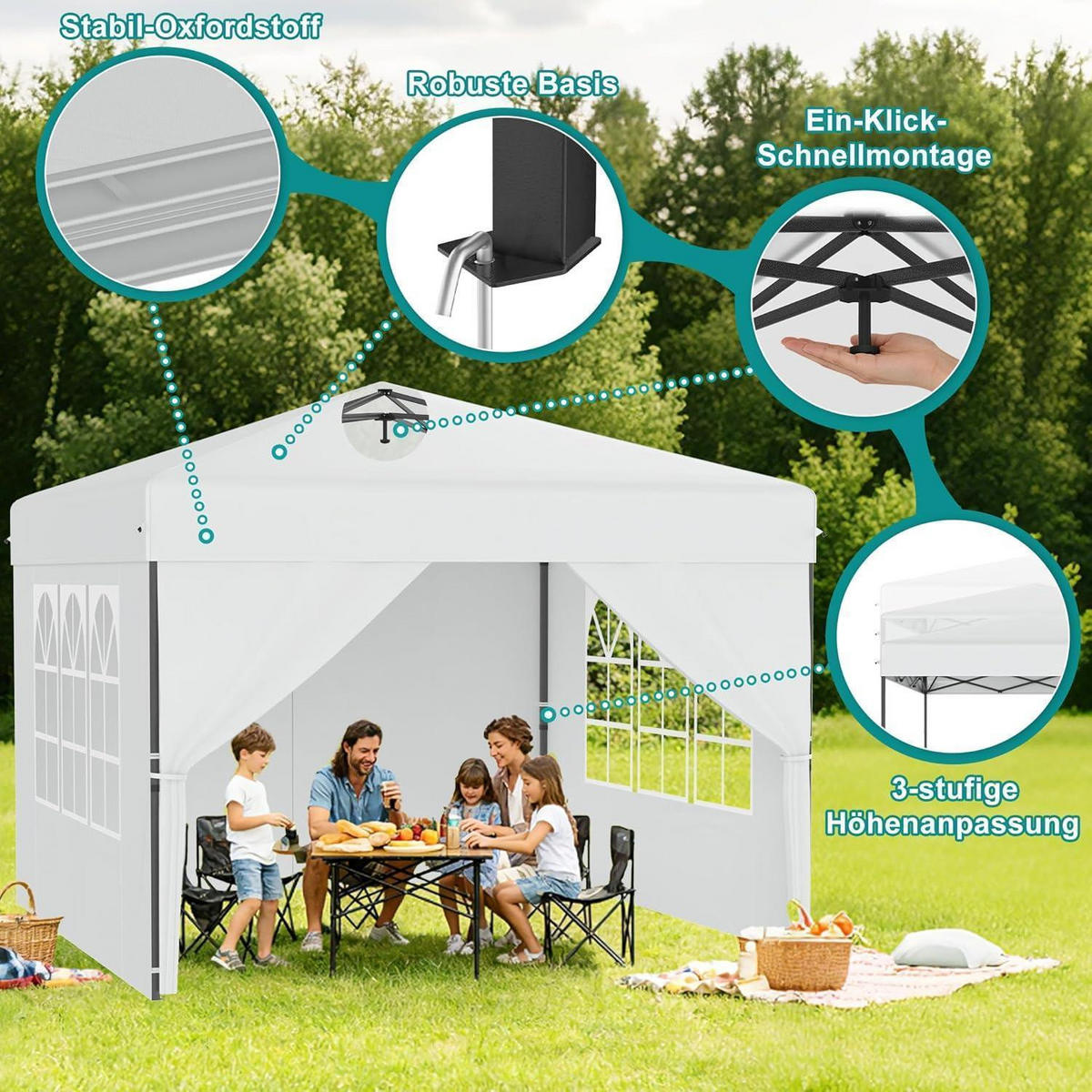 FALTPAVILLON 2,5 x 2,5 m mit One-Touch Lift und Seitenwänden Weiß - Weiß, Textil (250/260/250cm)
