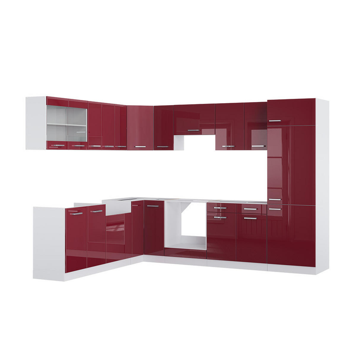 ECKKÜCHE R-Line Rot Hochglanz/Weiß 287 x 46 cm ohne Arbeitsplatte - Rot/Weiß, Holzwerkstoff (287/81.6/46cm) - Vicco