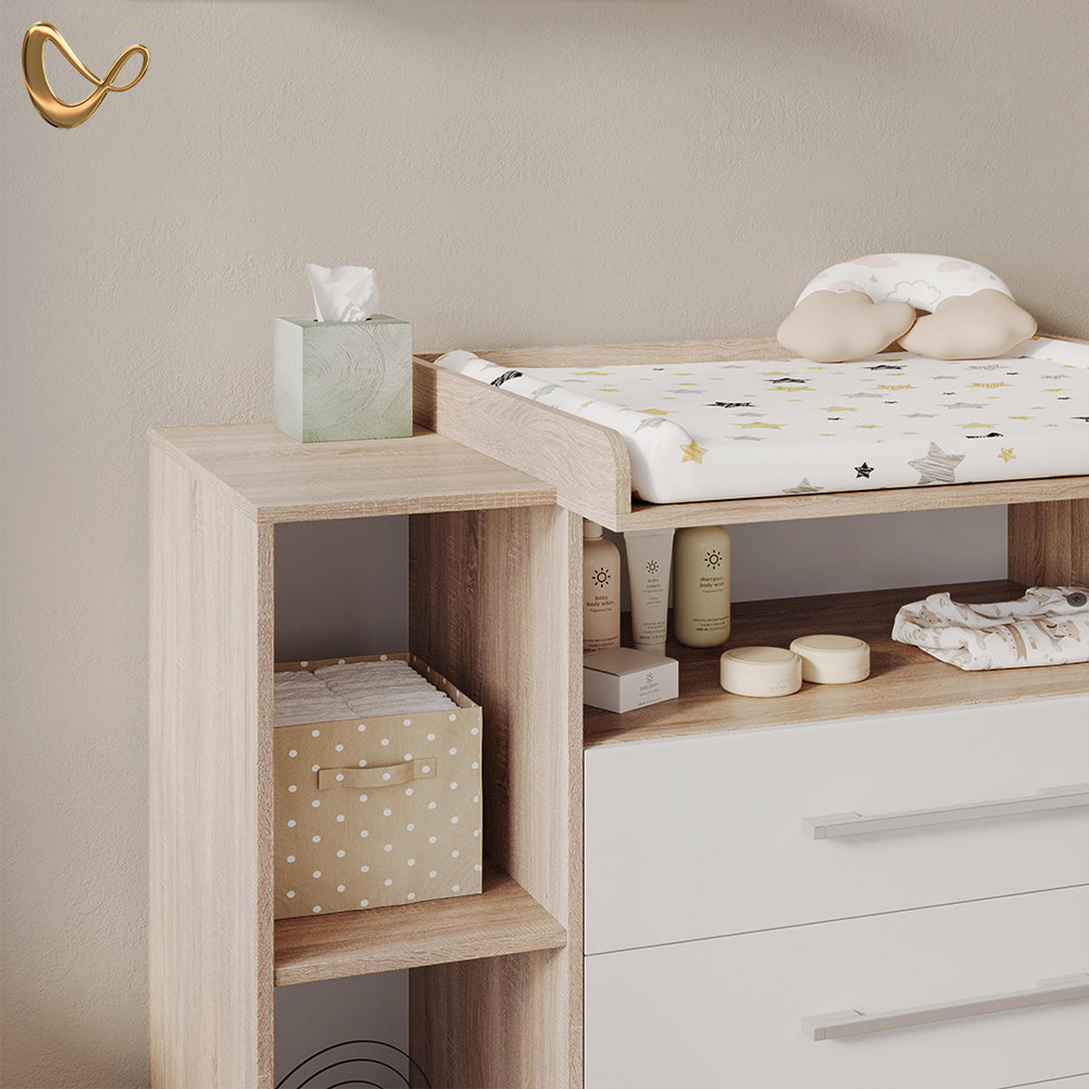 WICKELKOMMODE Torino Weiß/Sonoma XL mit Schubladen - Weiß/Sonoma Eiche, Holzwerkstoff (143/100/70cm) - Livinity®
