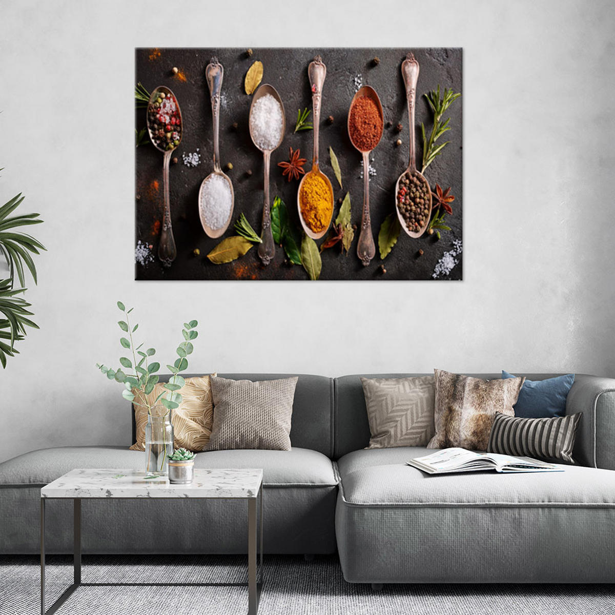 WANDBILD gewürze kräuter besteck - Multicolor, Textil (90/60cm) - Feeby