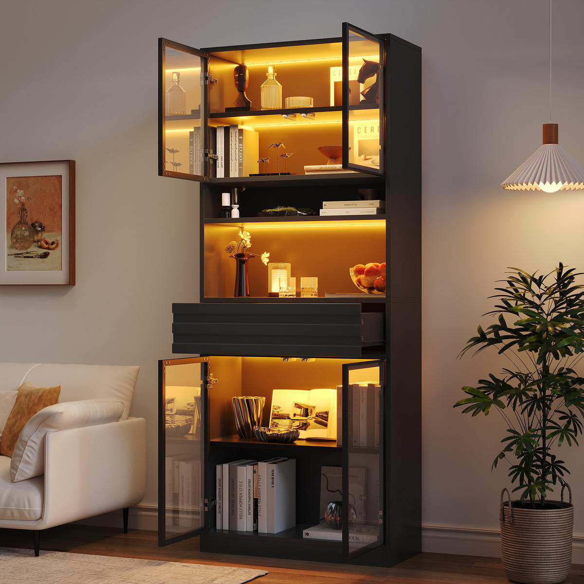 VITRINE 80x35x200 cm Schwarz mit RGB LED und 4 Glastüren - Schwarz, Holzwerkstoff (80/200/35cm) - FLIEKS