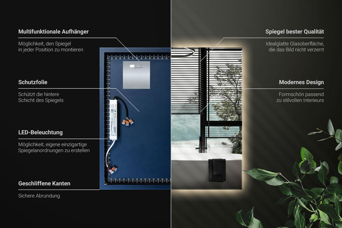 LED-SPIEGEL 50x50 cm Rechteckig Warmweiß 3000K - Transparent, Glas (50/50/0.4cm) - Wallfluent