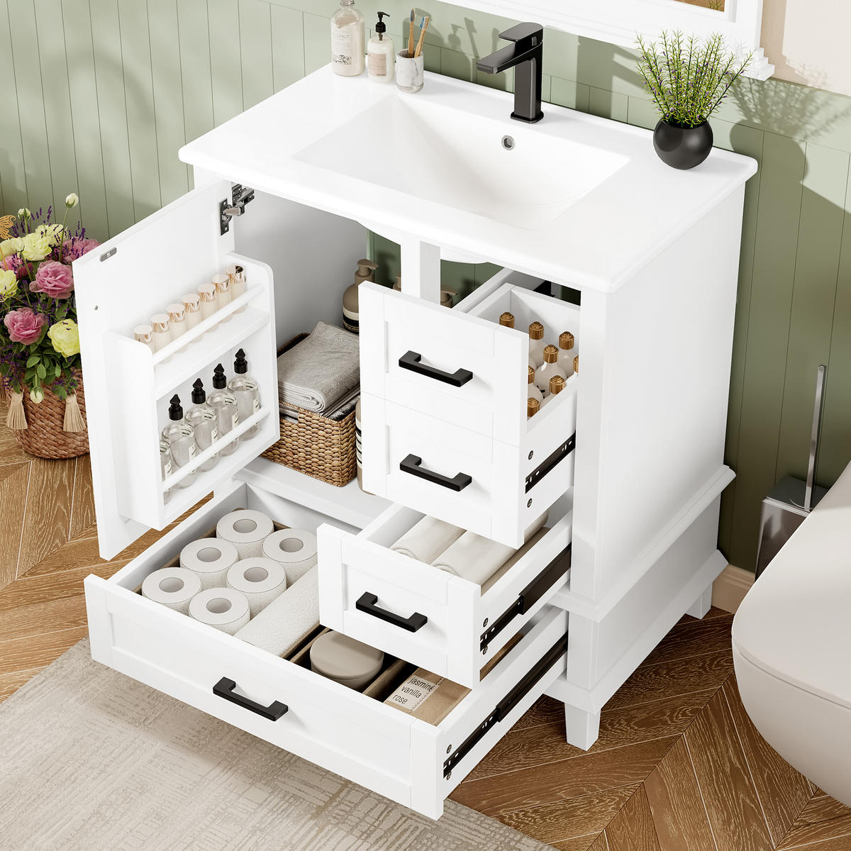 WASCHTISCHKOMBI mit Keramikbecken 76x46x83.5cm in Weiß, 1 Schublade & 3 Türen - Weiß, Holzwerkstoff (76/83.5/46cm) - Modfu