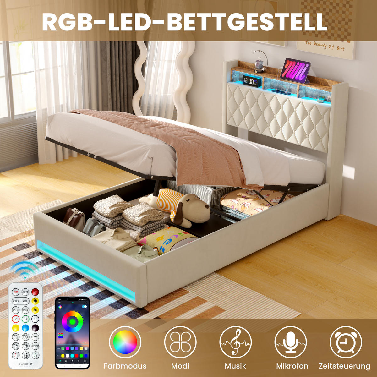 POLSTERBETT 140x200cm mit LED-Beleuchtung,mit Bettkasten, Beige - Beige, Holzwerkstoff/Textil (140/200cm) - EVRYAE
