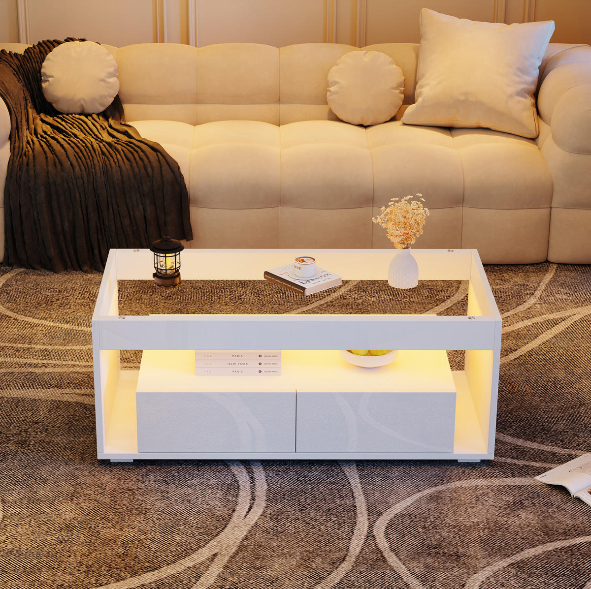 COUCHTISCH aus Spanplatte und Glas 100x50x40 cm in Weiß mit LED - Weiß, Holzwerkstoff (100/50/40cm) - Modfu