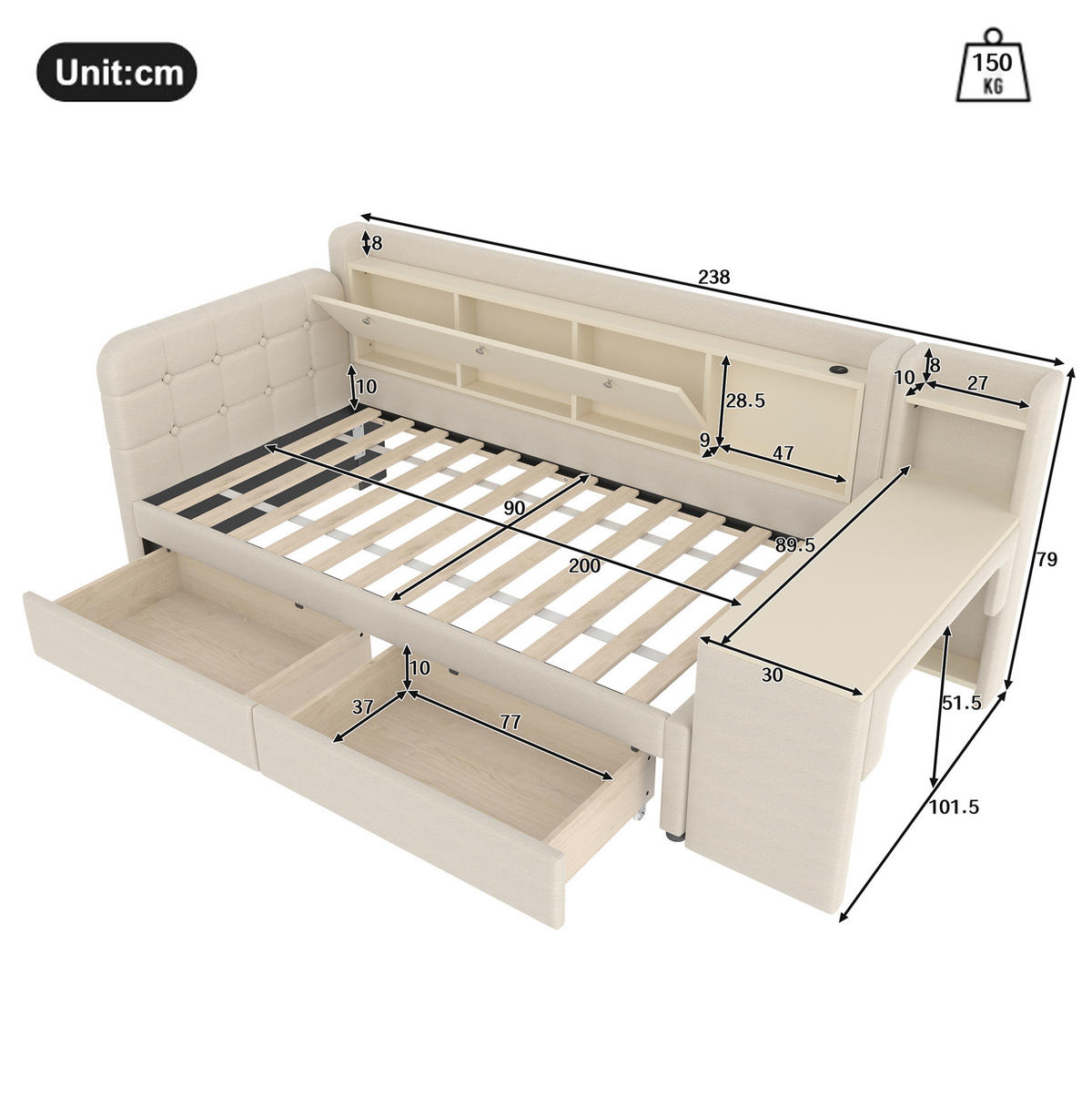 POLSTERBETT 90/200 cm mit Schreibtisch, 2 Schubladen, USB- und Typ-C-Anschluss, Leinenbezug, Beige - Beige, Textil (90/200cm) - Redom