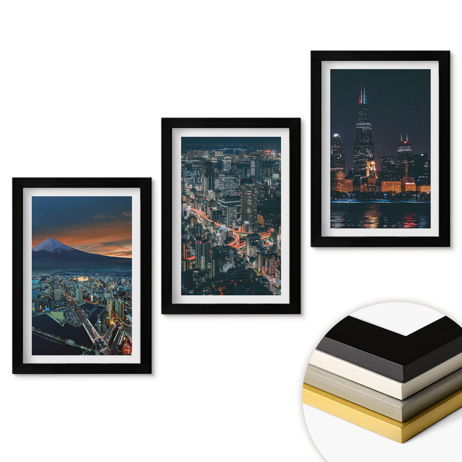 WANDBILDER 3er-Set - 20x30 cm Schwarzer Rahmen - Bergpanorama der Stadt bei Nacht - Schwarz, Kunststoff (20/30cm) - ArtPrintCave
