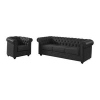 LEDERSOFA 3-Sitzer + Ledersessel - Büffelleder - Schwarz - CHESTERFIELD - Schwarz, Leder (205/72/88cm) - Vente-Unique