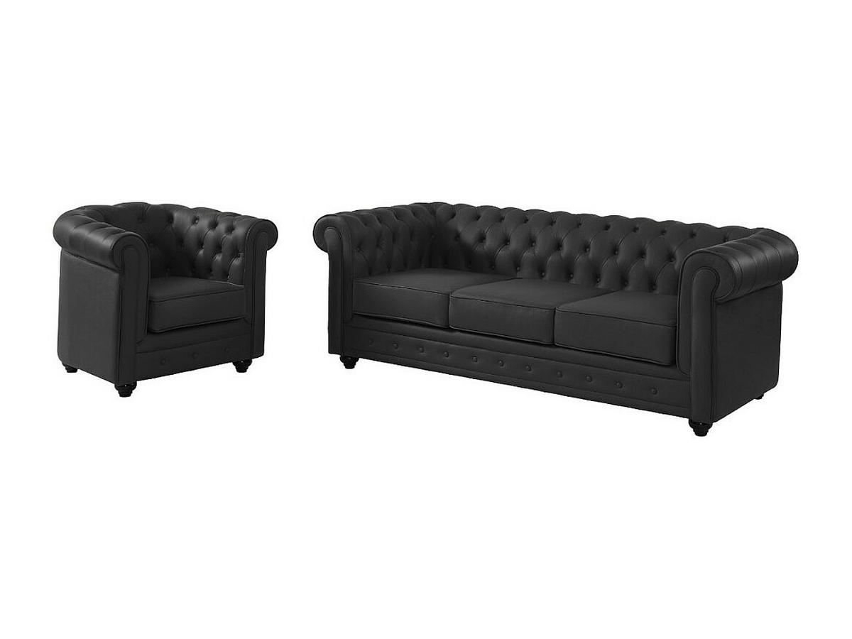 LEDERSOFA 3-Sitzer + Ledersessel - Büffelleder - Schwarz - CHESTERFIELD - Schwarz, Leder (205/72/88cm) - Vente-Unique