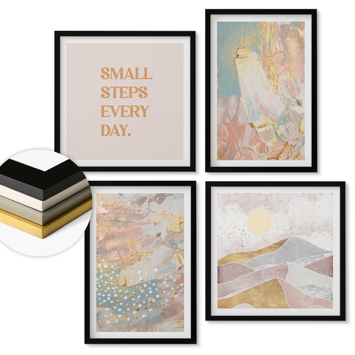 WANDBILDER 4er-Set - 50x50 cm & 40x60 cm Schwarzer Rahmen - Abstrakte Pastellmuster - Schwarz, Kunststoff (50/50cm) - ArtPrintCave