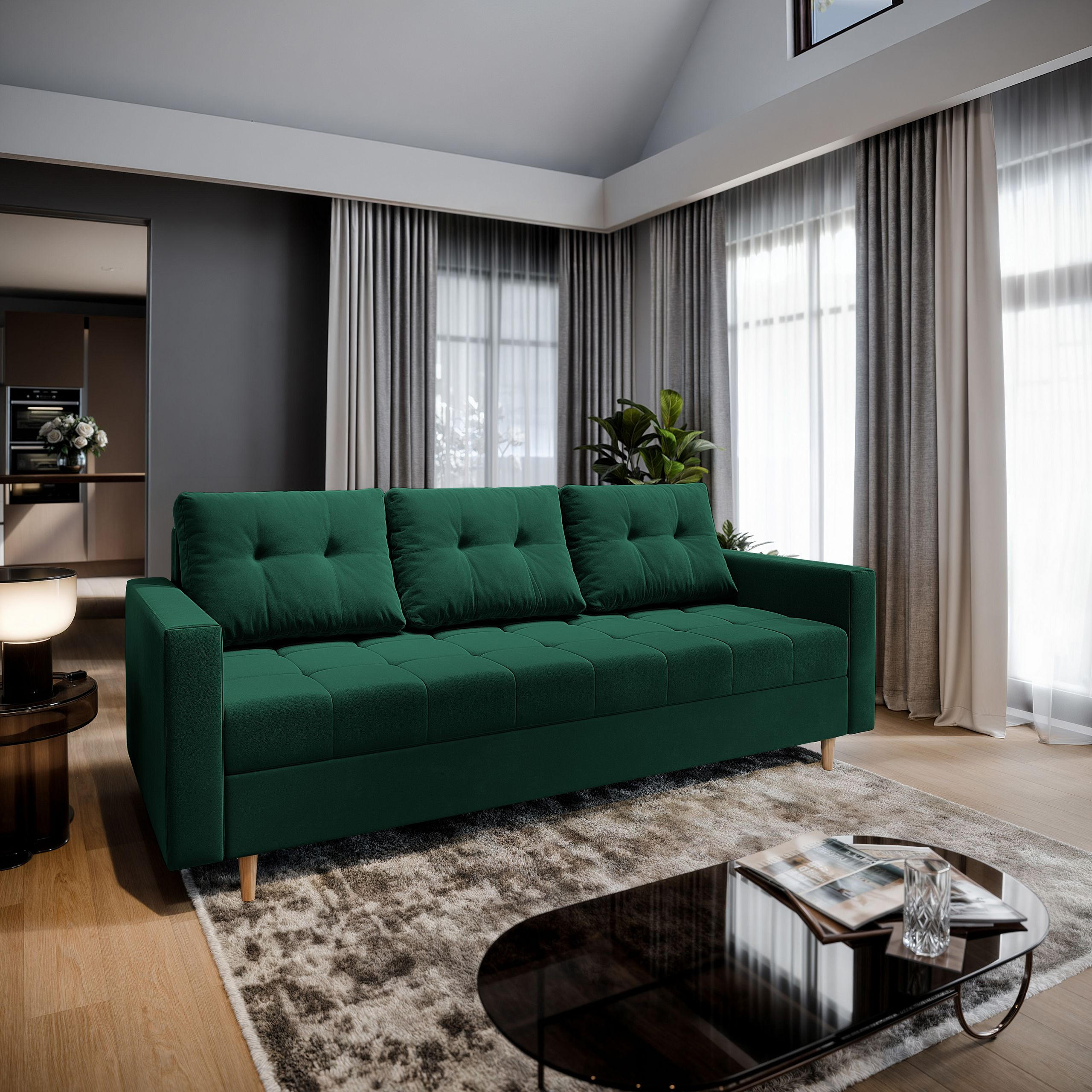 BETTSOFA MILO Grün Plüsch-Stoff mit Schlaffunktion - Grün, Textil (220/93/87cm) - MASSENO