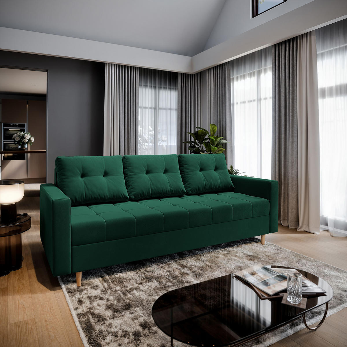 BETTSOFA MILO Grün Plüsch-Stoff mit Schlaffunktion - Grün, Textil (220/93/87cm) - MASSENO