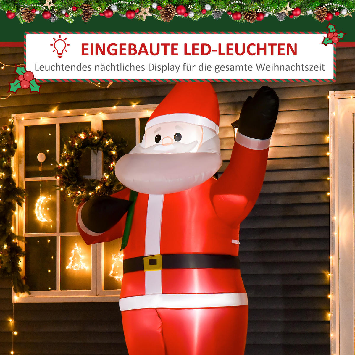 AUFBLASBAR Weihnachtsdeko 2,4 m Weihnachtsmann mit LED-Beleuchtung Gartendeko - Rot, Kunststoff (100/240/140cm) - HOMCOM