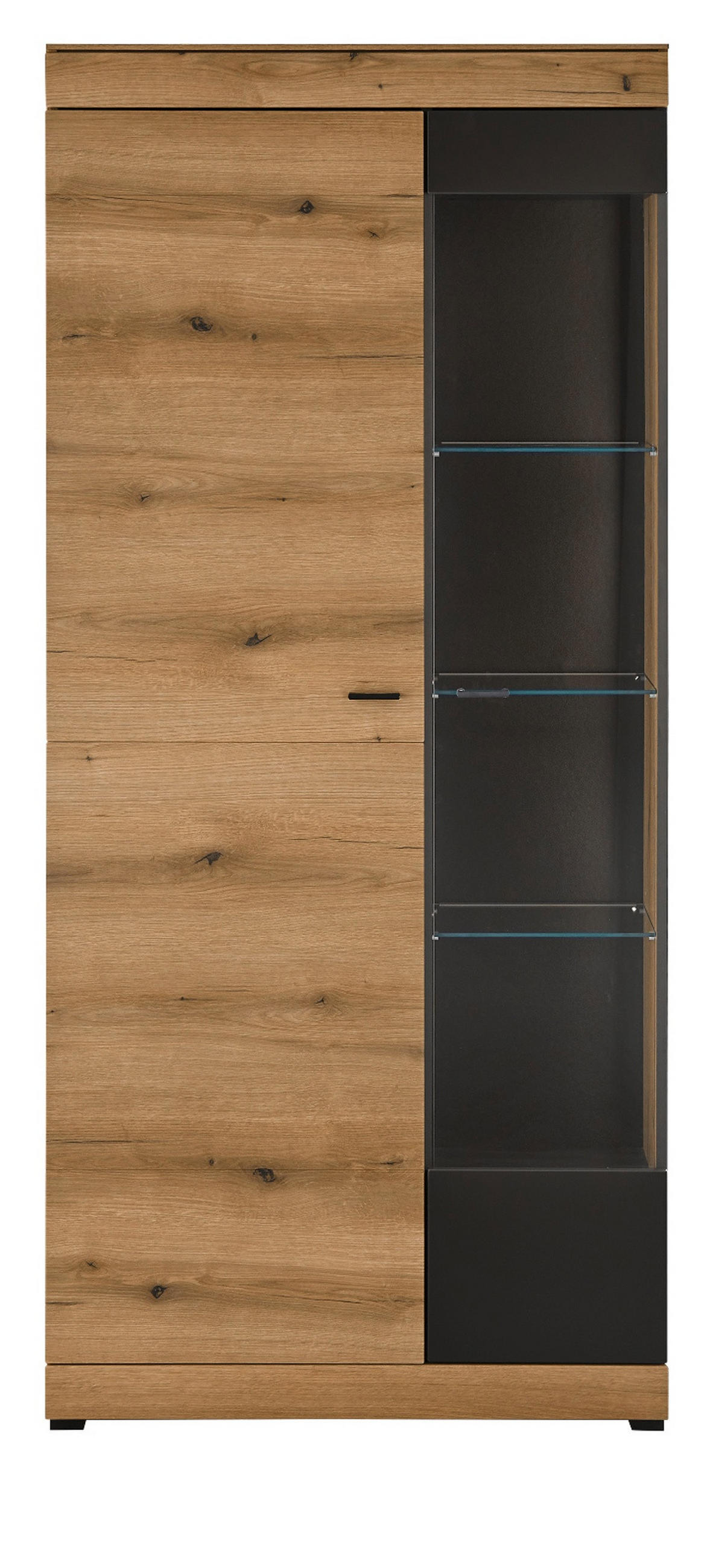 VITRINE in Eiche, grau 90 x 201 cm, Vitrinenschrank mit Soft-Close - Eichefarben/Schwarz, Glas/Holzwerkstoff (90/201/35cm) - Furn.Design