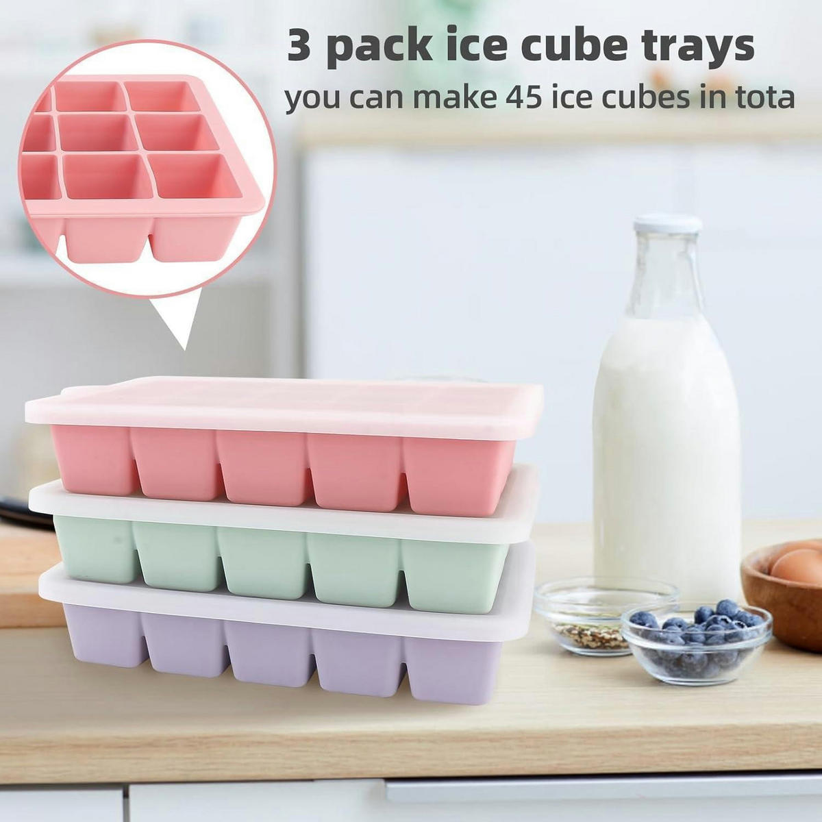 EISWÜRFELFORM 3er Set mit Deckel, Silikon, stapelbar, spülmaschinenfest - Multicolor, Kunststoff (12.5/3.3/16.5cm)