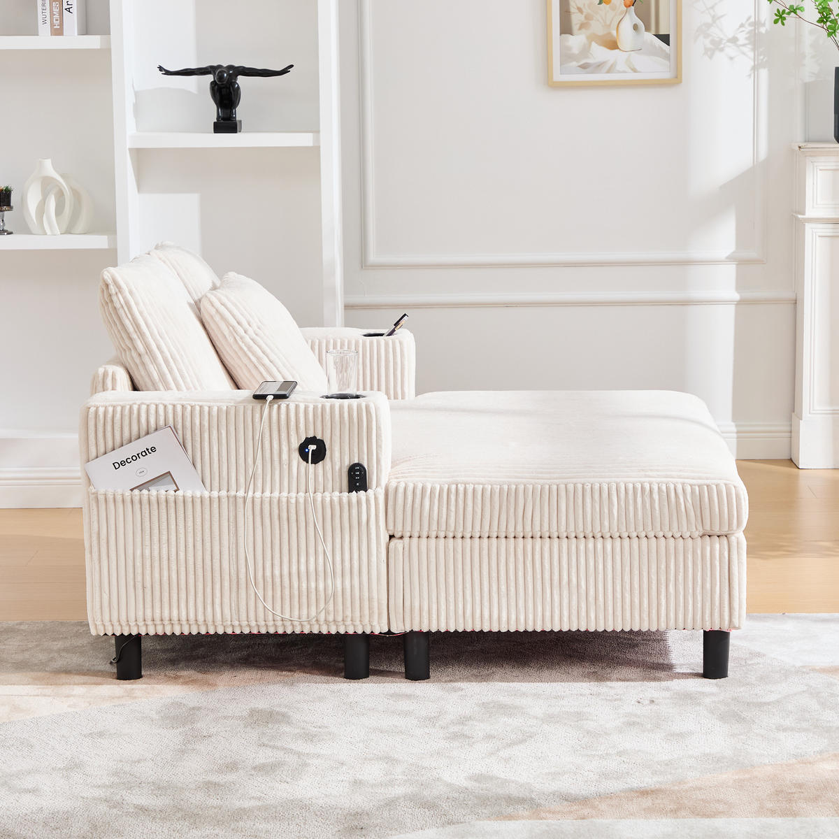 LIEGESTUHL mit LED-Stimmungsbeleuchtung，Cordstoff- Beige - Beige, Textil (142/85/128cm) - KOMHTOM