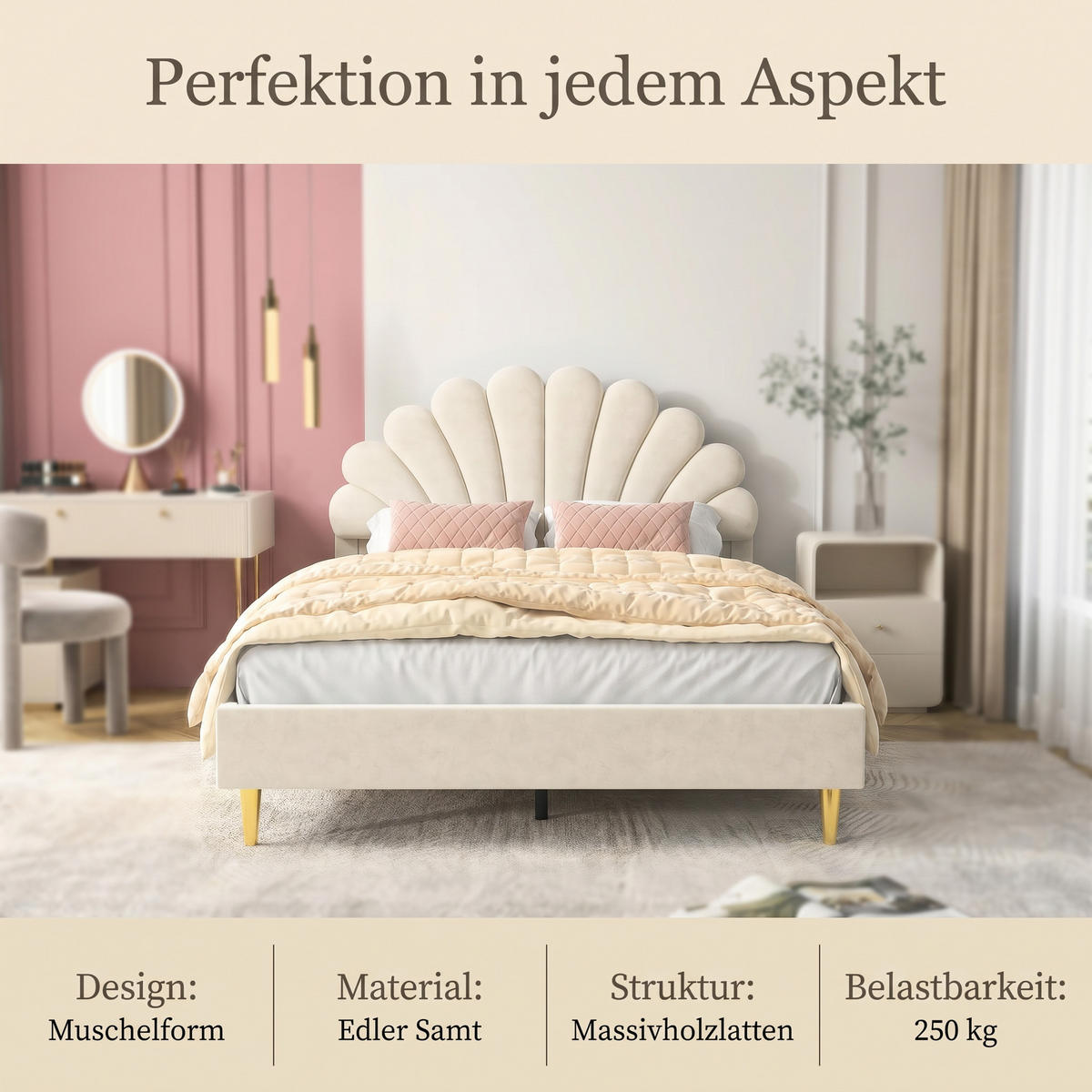 KINDERBETT Polsterbett 140x200 cm, mit geblümtem Kopfteil und Lattenrost, Samt Doppelbett, Beige - Beige, Holz/Holzwerkstoff (140/200cm) - BursDany
