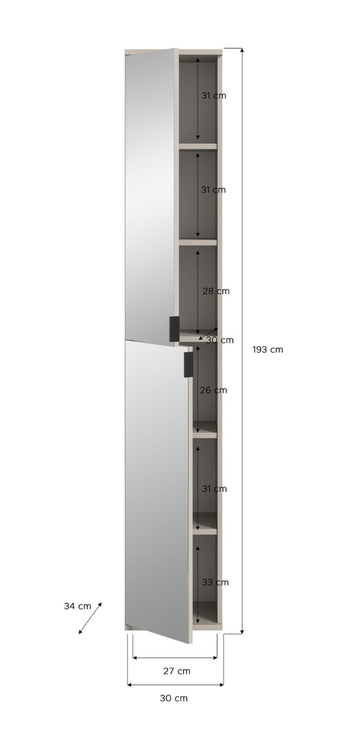 STAURAUMSCHRANK in Kaschmir 30 x 193 cm, Flurschrank mit Spiegel - Kaschmir/Schwarz, Glas/Holzwerkstoff (30/193/34cm) - Inn.Furn