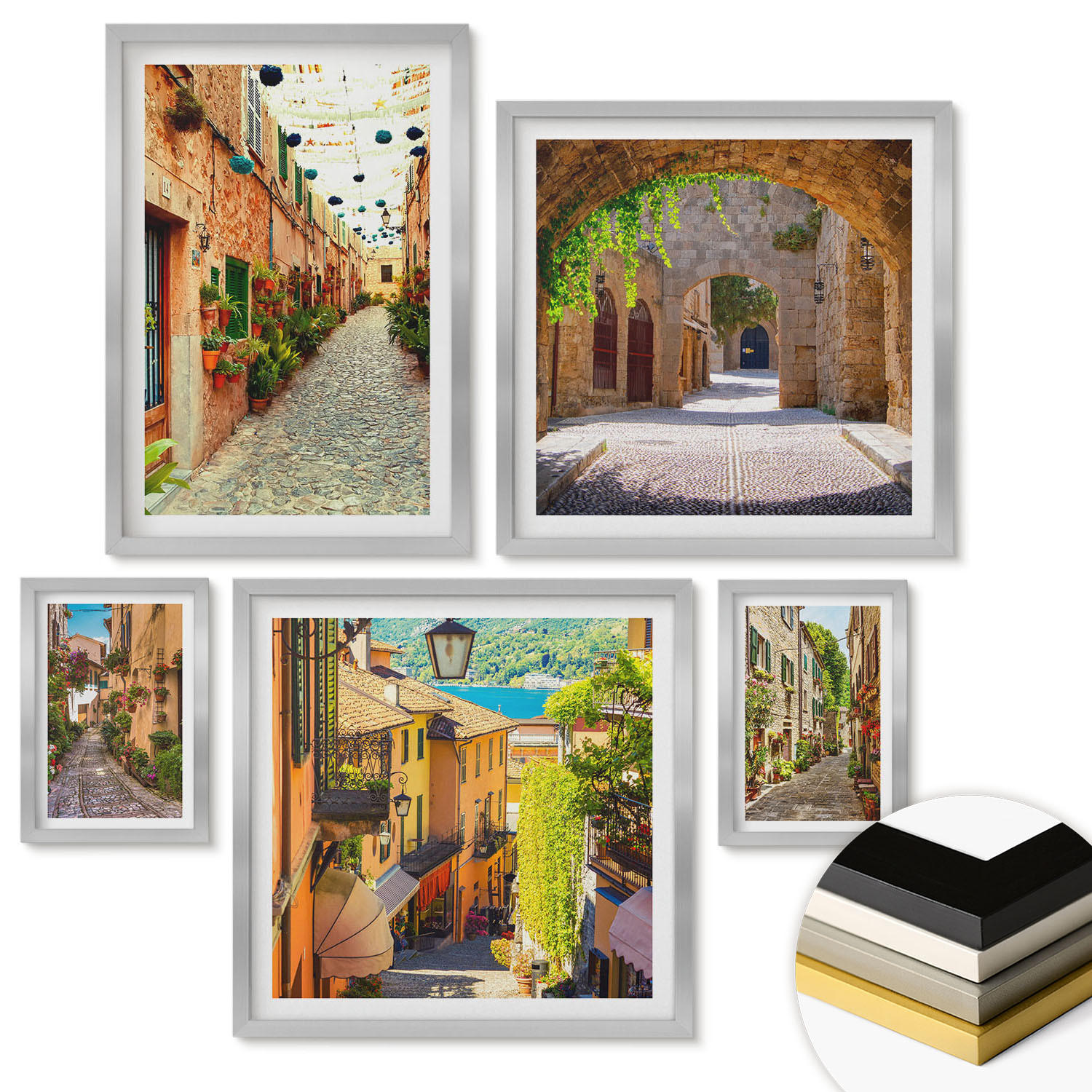 WANDBILDER 5er Set - 50x50 cm & 20x30 cm & 40x60 cm Silberner Rahmen - Italienische Straßen, Blumen, Architektur - Silberfarben, Kunststoff (40/60cm) - ArtPrintCave