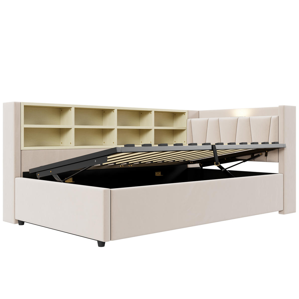 POLSTERBETT 90/200 cm Beige mit Stauraum mit LED-Beleuchtung aus Samt - Beige, Textil (90/200cm) - OKWISH