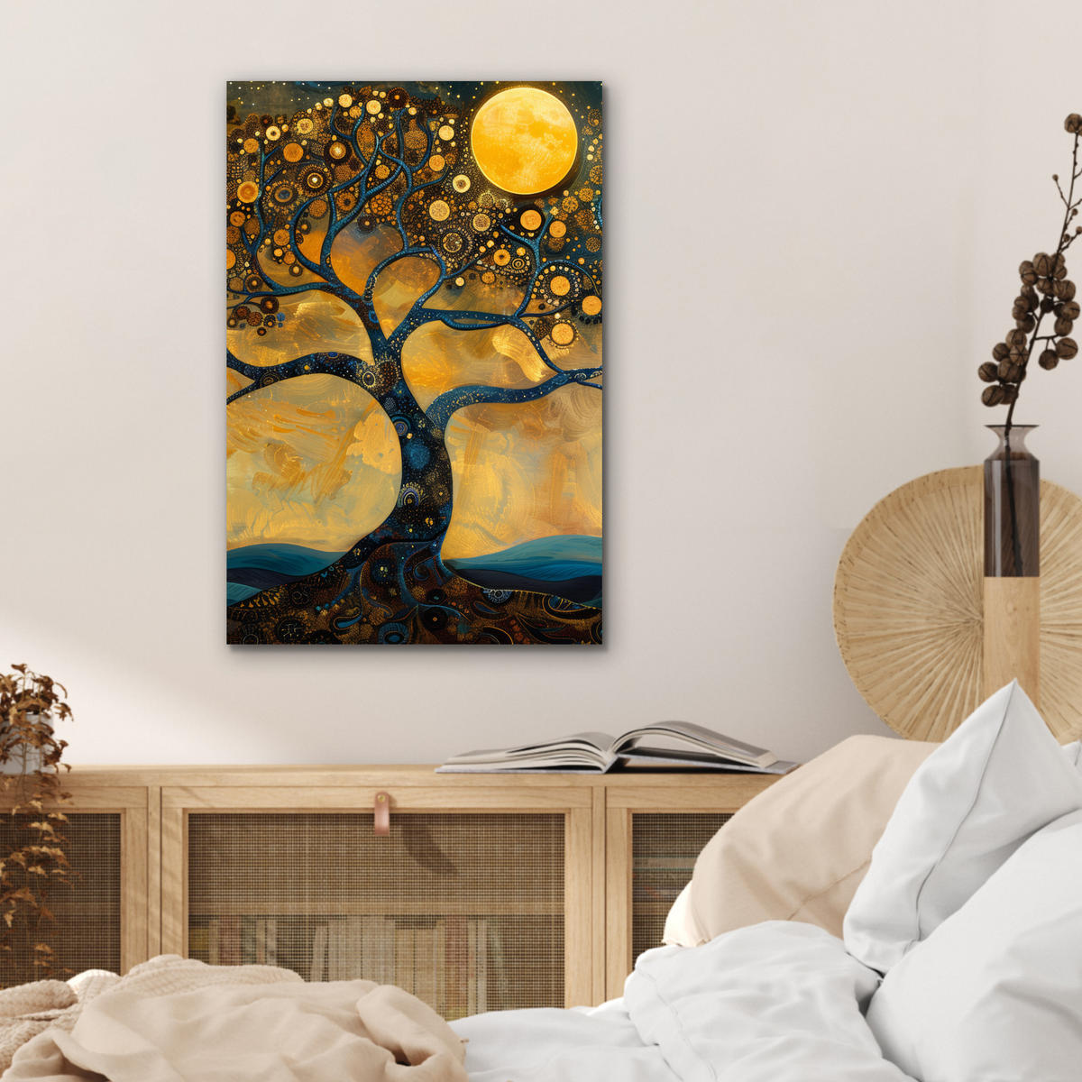 METALLBILD Baum - Mond - Blumen - Gold - Kunst 40x60 cm - Orange, Metall (40/60cm) - MuchoWow