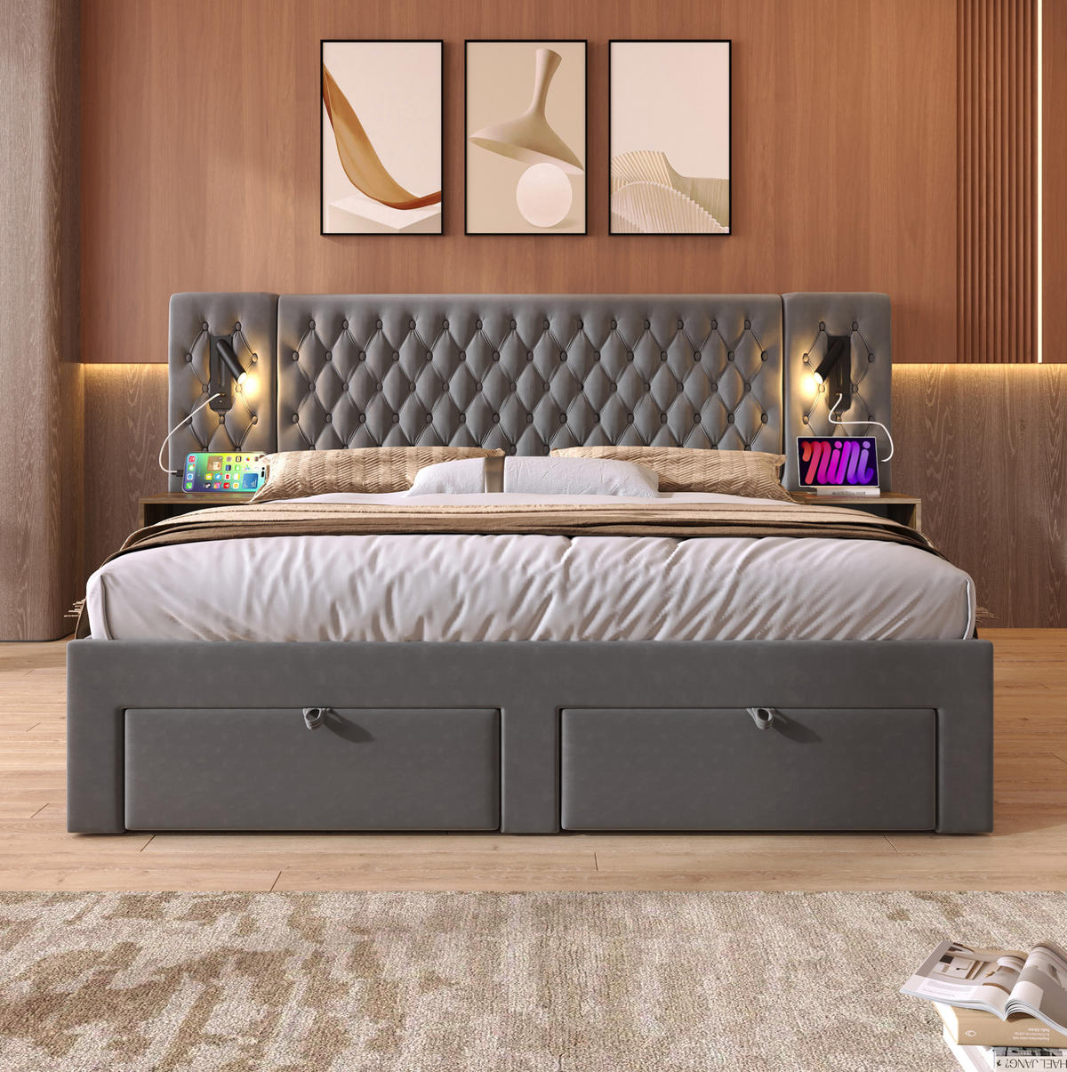 BETT mit 2 Nachttischen, 4 Schubladen und USB 160x200 cm Samt Grau - Grau, Metall (160/200cm) - Meubliv