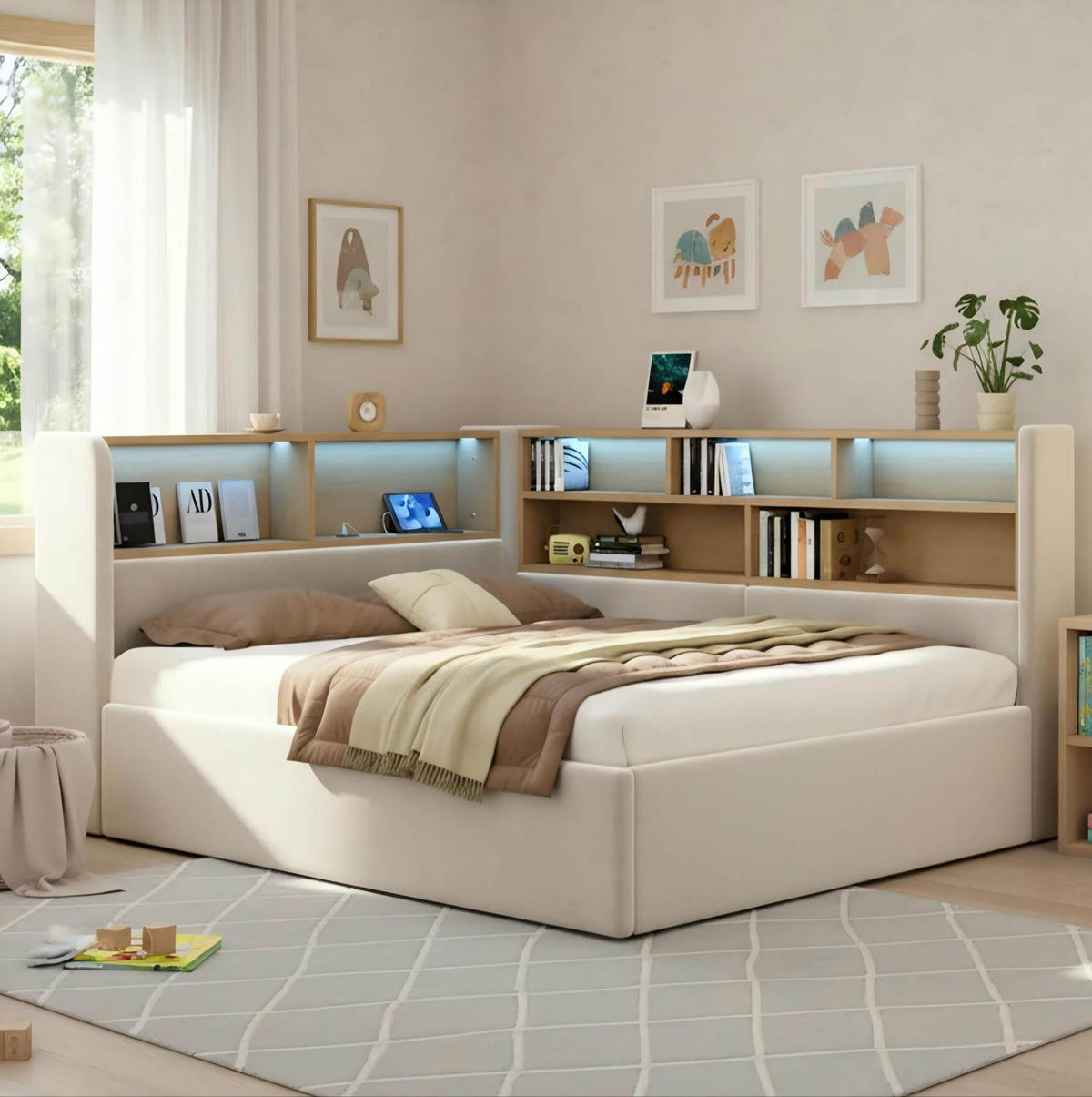 POSTEL 140/190 cm s LED osvětlením, USB a USB-C porty, hydraulickým úložným prostorem, béžová - béžová, textil (140/190cm) - Redom