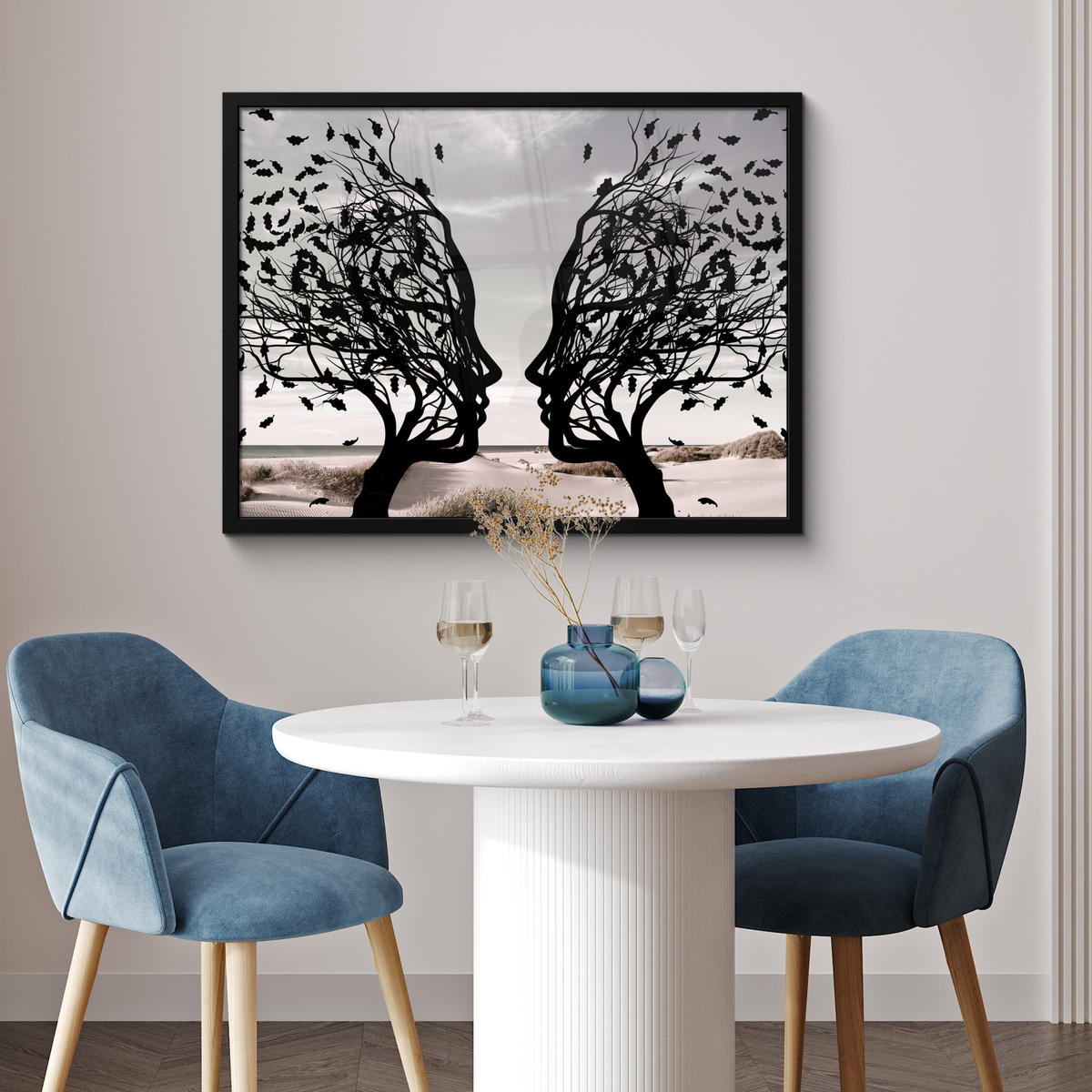ZARÁMOVANÝ PLAGÁT Pláž - more - ľudia - strom - moderné umenie 80x60 cm - svetlosivá, papier (80/60cm) - MuchoWow