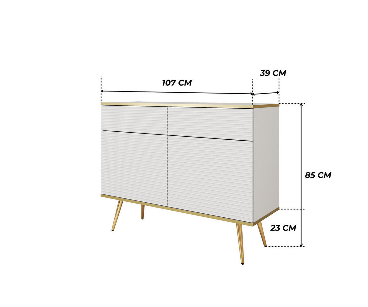 KOMMODE FORNO (Weiß, Rillenfront, Goldene Details, 2 Türen, 2 Schubladen, goldene Metallfüße, 107 cm) - Gelb/Goldfarben, Holz/Holzwerkstoff (107/85/39cm) - Ravio