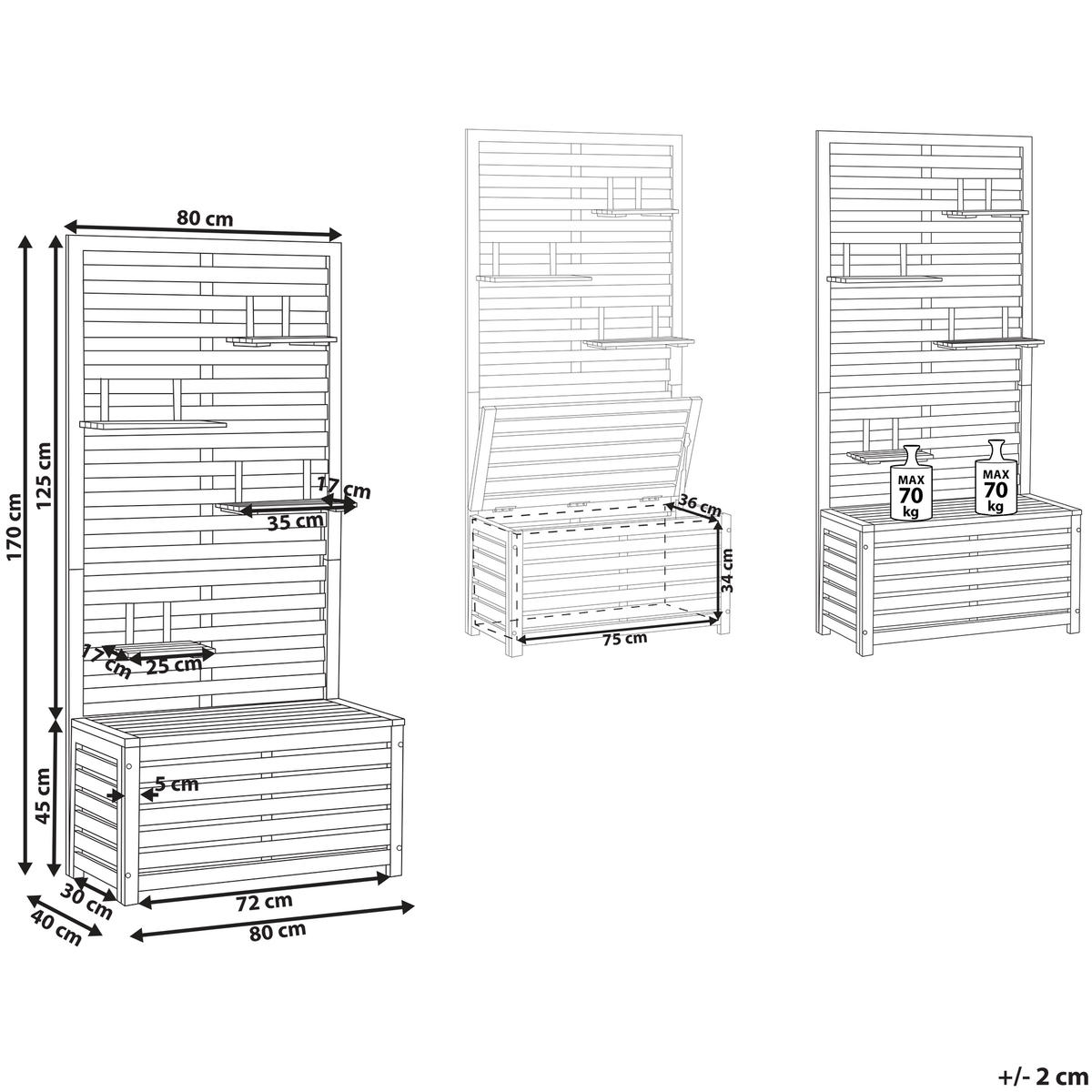 GARTENBANK Akazienholz hellbraun mit Stauraum Wandpaneel 80 cm Matino - Hellbraun, Holz (80/170/40cm) - Beliani