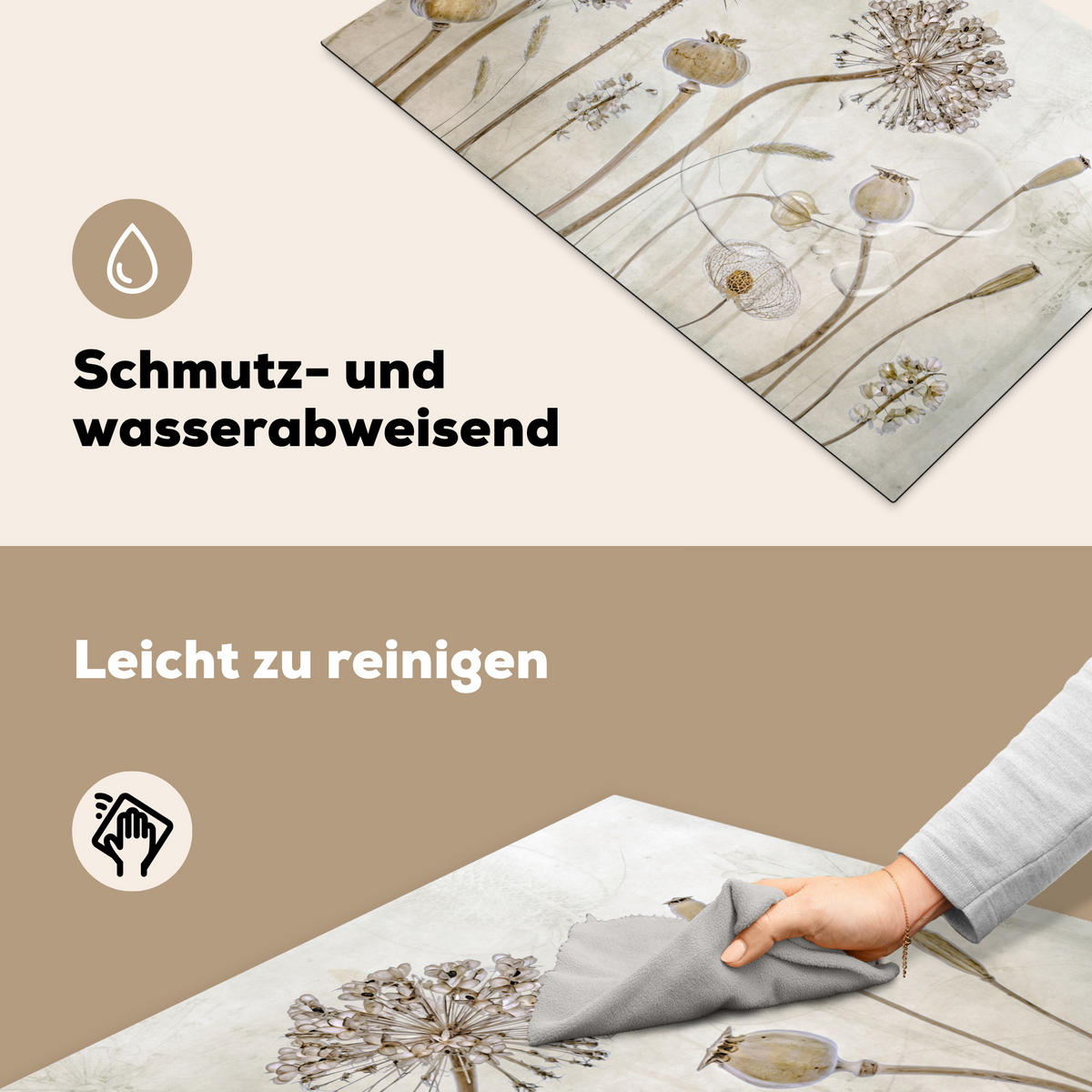 HERDABDECKPLATTE Blumen - Aquarell - Stilleben - Braun - Vintage 76x51 cm - Sandfarben, Kunststoff (76/51.5/0.2cm) - MuchoWow