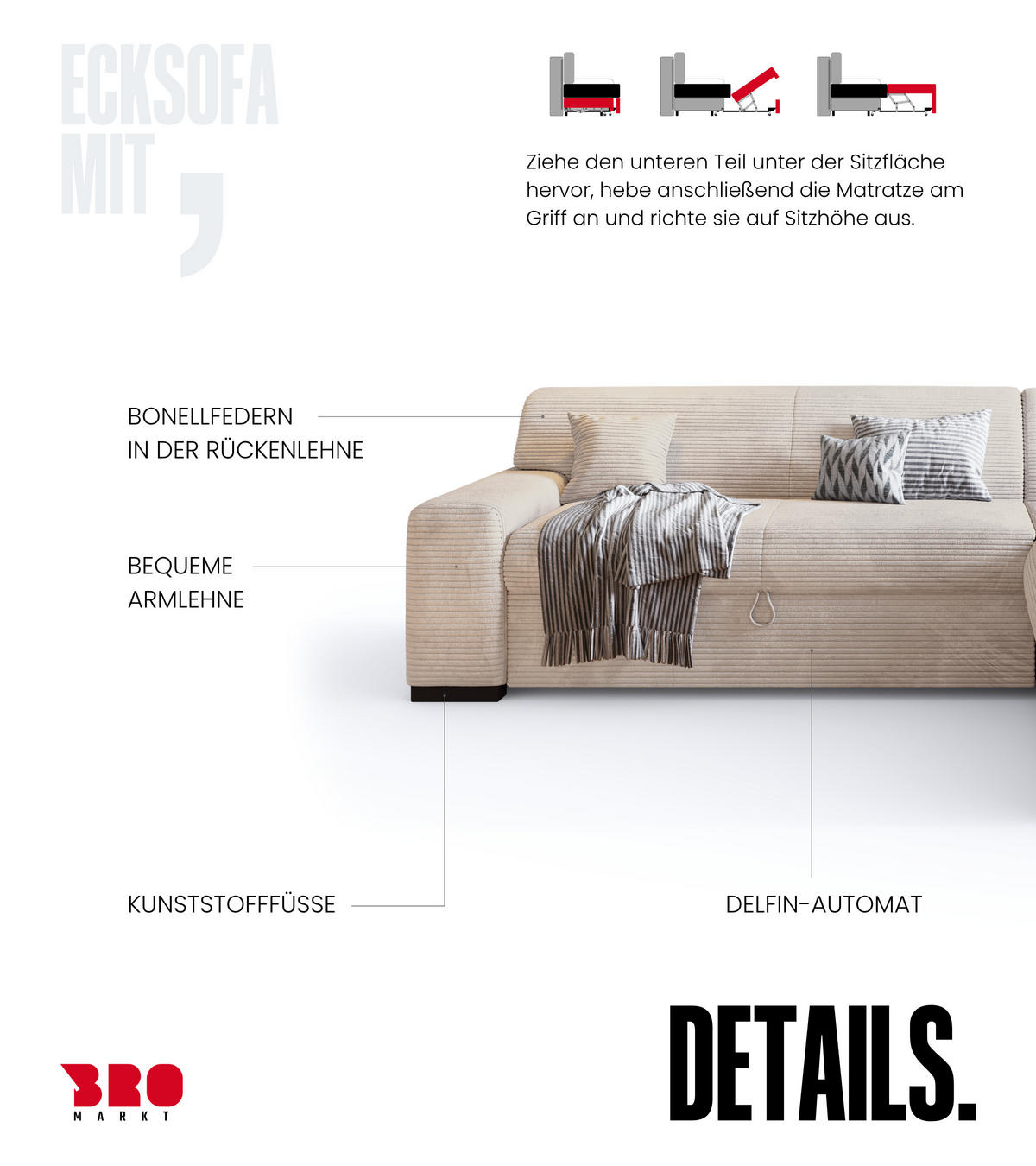 ECKSOFA mit Schlaffunktion Cordstoff MILENZO Vanille Rechts - Creme, Holz (260/175cm) - Bromarkt