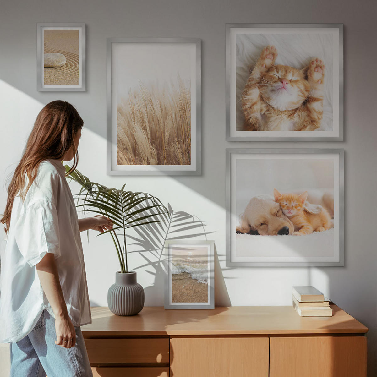 BILDER SET 5er Set - 50x50 cm & 20x30 cm & 40x60 cm Silberner Rahmen - Niedliche Tiere, Katzen, Hunde, Strand - Silberfarben, Kunststoff (40/60cm) - TULUP