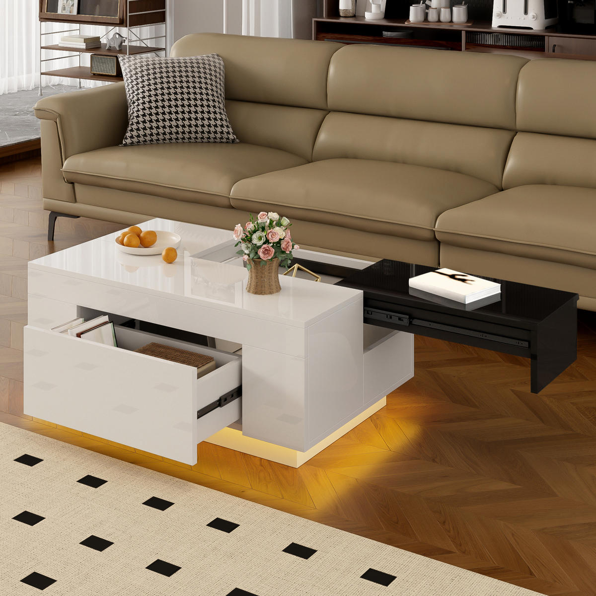 COUCHTISCH mit LED und Stauraum 80 x 50 cm MDF Black/White - Schwarz, Wellpappe (80/50/35.5cm) - Meubliv