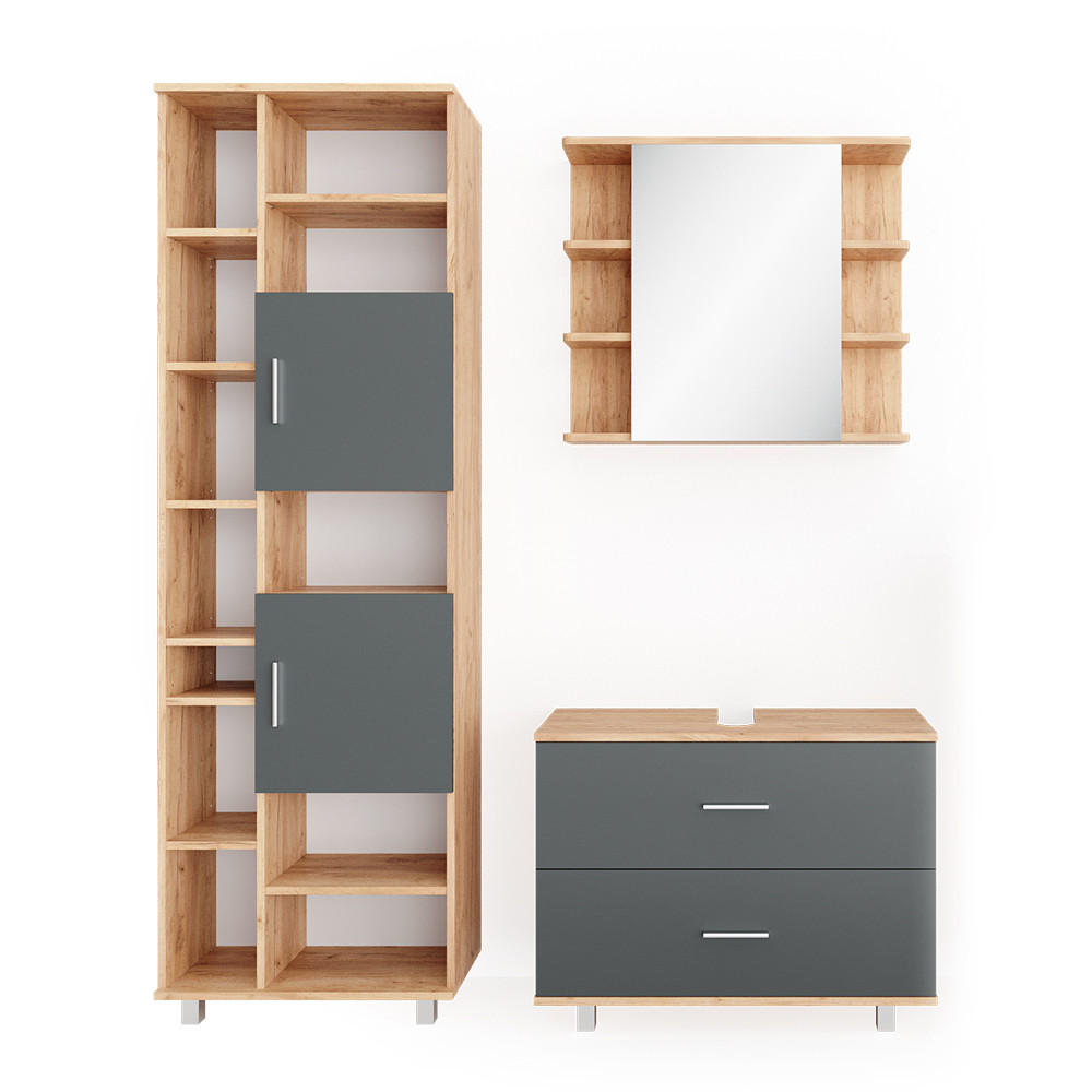 BADMÖBEL-SET Ilias Anthrazit/Goldkraft Eiche 3 Teile, mit Hochschrank - Honigeiche/Anthrazit, Holzwerkstoff (80.2/60.8/33cm) - Vicco