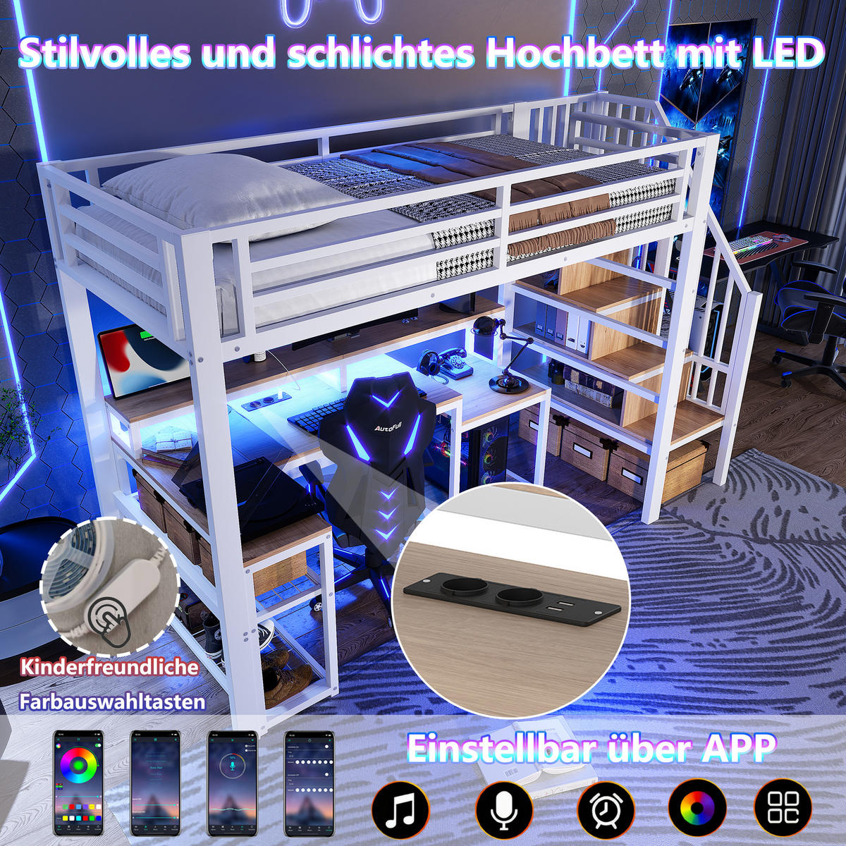 HOCHBETT 90x200cm Weiß Metall LED-Licht Schreibtisch USB - Weiß, Metall (90/200cm) - FLIEKS