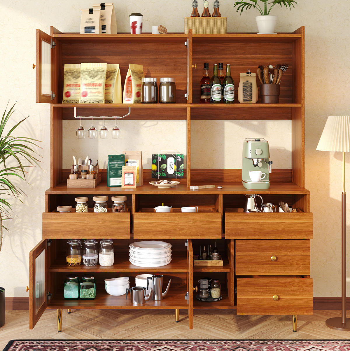 BUFFET 145/171/39 cm walnussfarben aus MDF mit Changhong-Glastür und Weinregal - Walnussfarben, Holzwerkstoff (39/171/145cm) - OKMYHOME