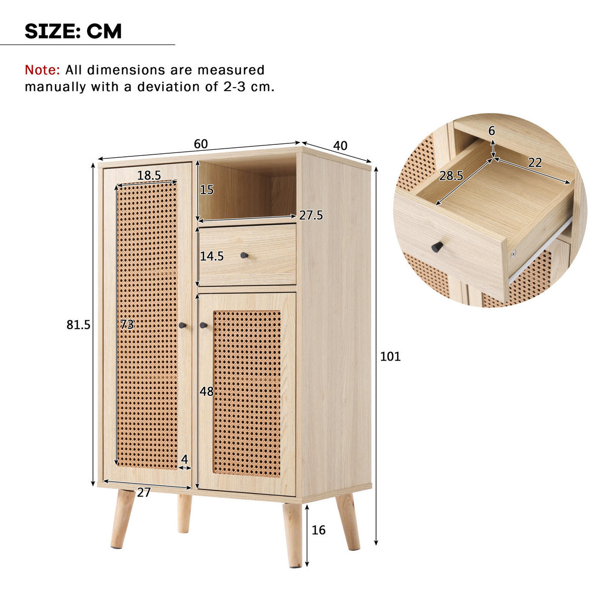KOMMODE 60/40/101 cm in Eichefarben mit 2 Rattantüren und 1 Schublade - Eichefarben, Holzwerkstoff (60/101/40cm) - Flora Grace