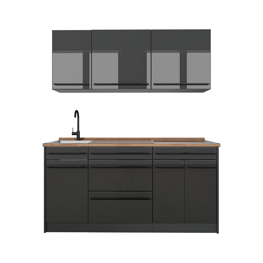 Vicco Singleküche Schwarz Hochglanz, Anthrazit 160x81.6x60 cm
