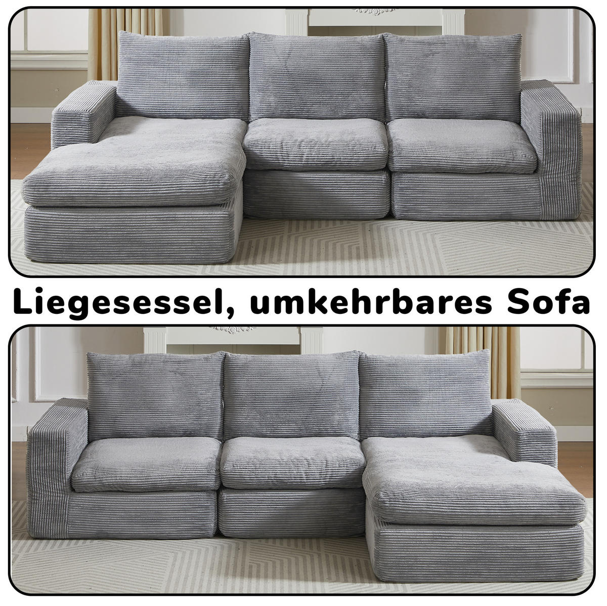 ECKSOFA 251/160/81 cm hellgrau aus Cord mit Chaiselongue, 4 Modulen und 3 Kissen - Hellgrau, Textil (160/251cm) - OKWISH