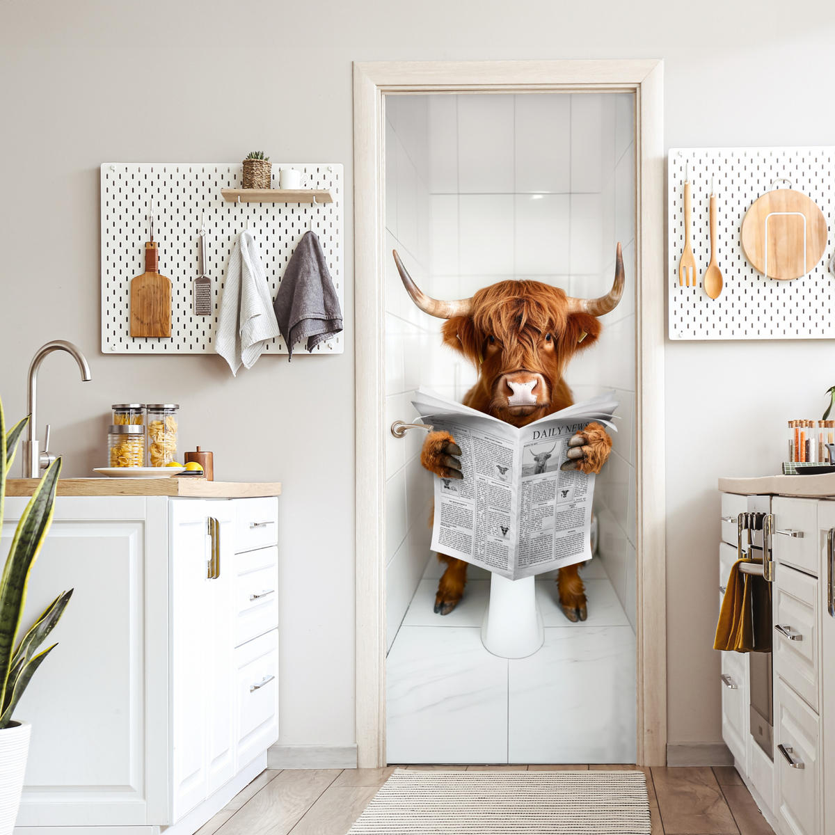 TÜRAUFKLEBER Scottish Highlander - Zeitung - WC - Tier 80x215 cm - Türtapete - Weiß, Kunststoff (80/0.1cm) - MuchoWow