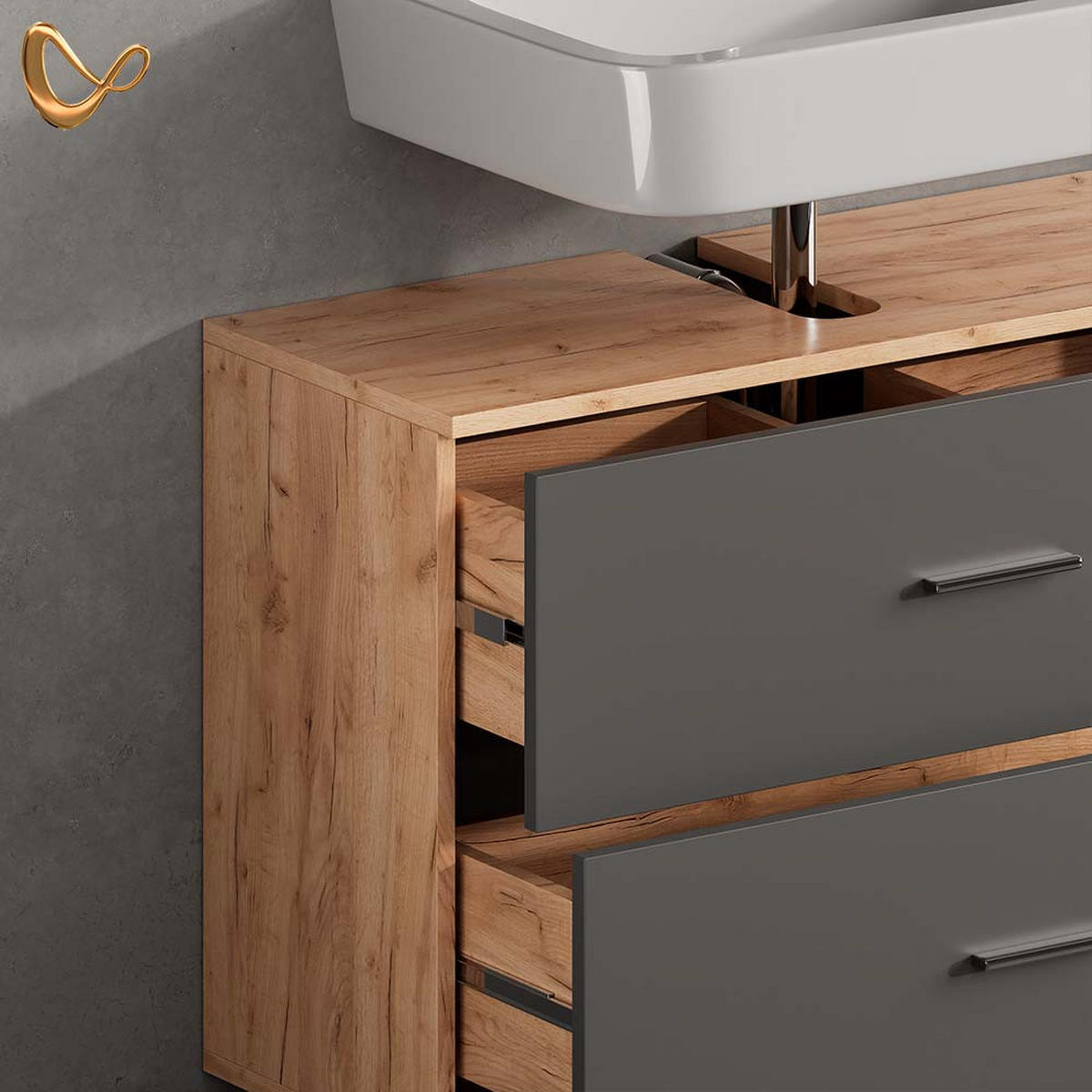BADMÖBEL-SET Eisak Anthrazit/Goldkraft Eiche 2 Teile, Unterschrank 80 cm - Honigeiche/Anthrazit, Holzwerkstoff (80/60/33cm) - Livinity®