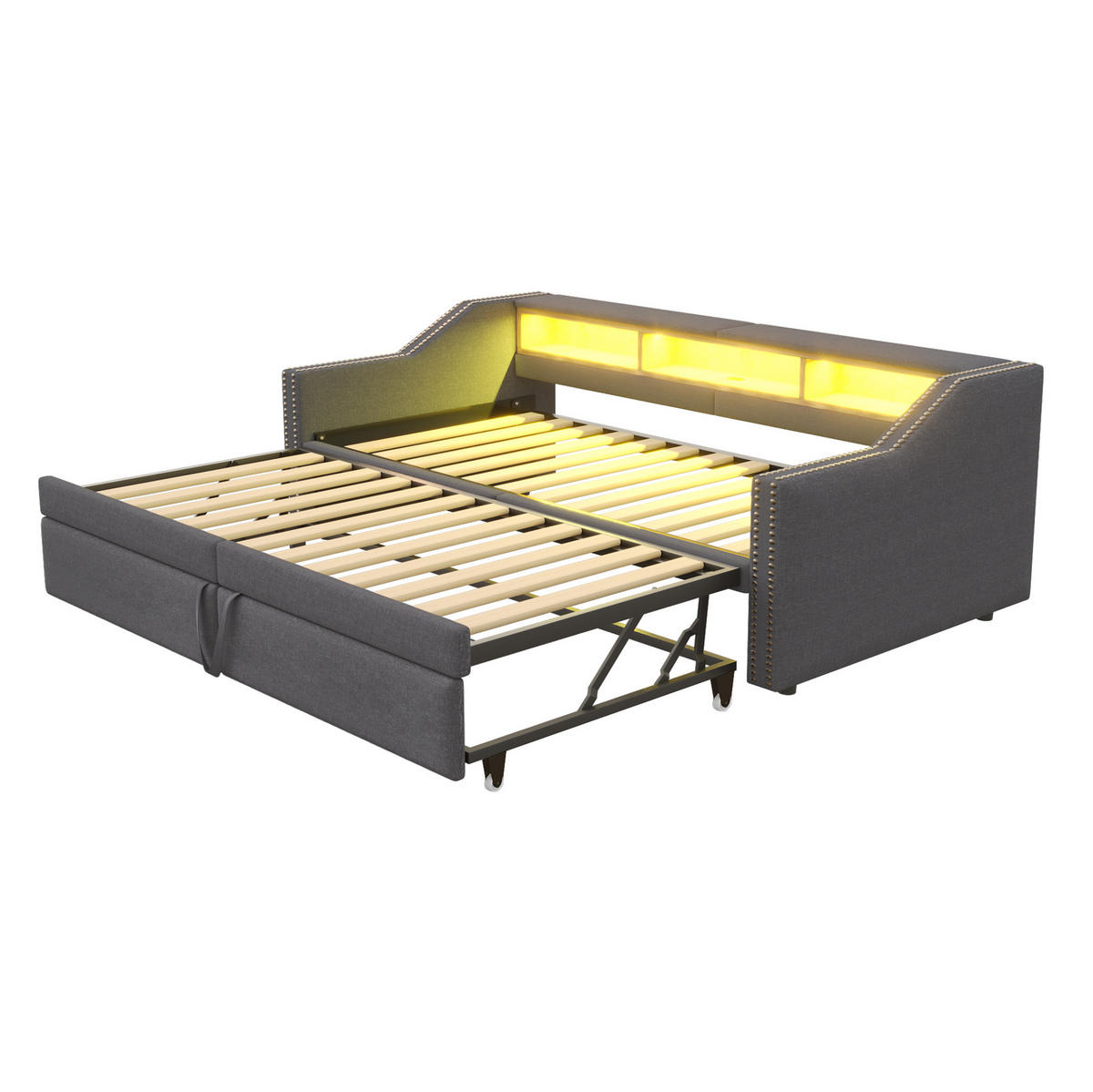 AUSZIEHBETT 90/180 x 200 cm Dunkelgrau mit LED-Beleuchtung und USB-Anschluss - Dunkelgrau, Textil (90/190cm) - Flora Grace