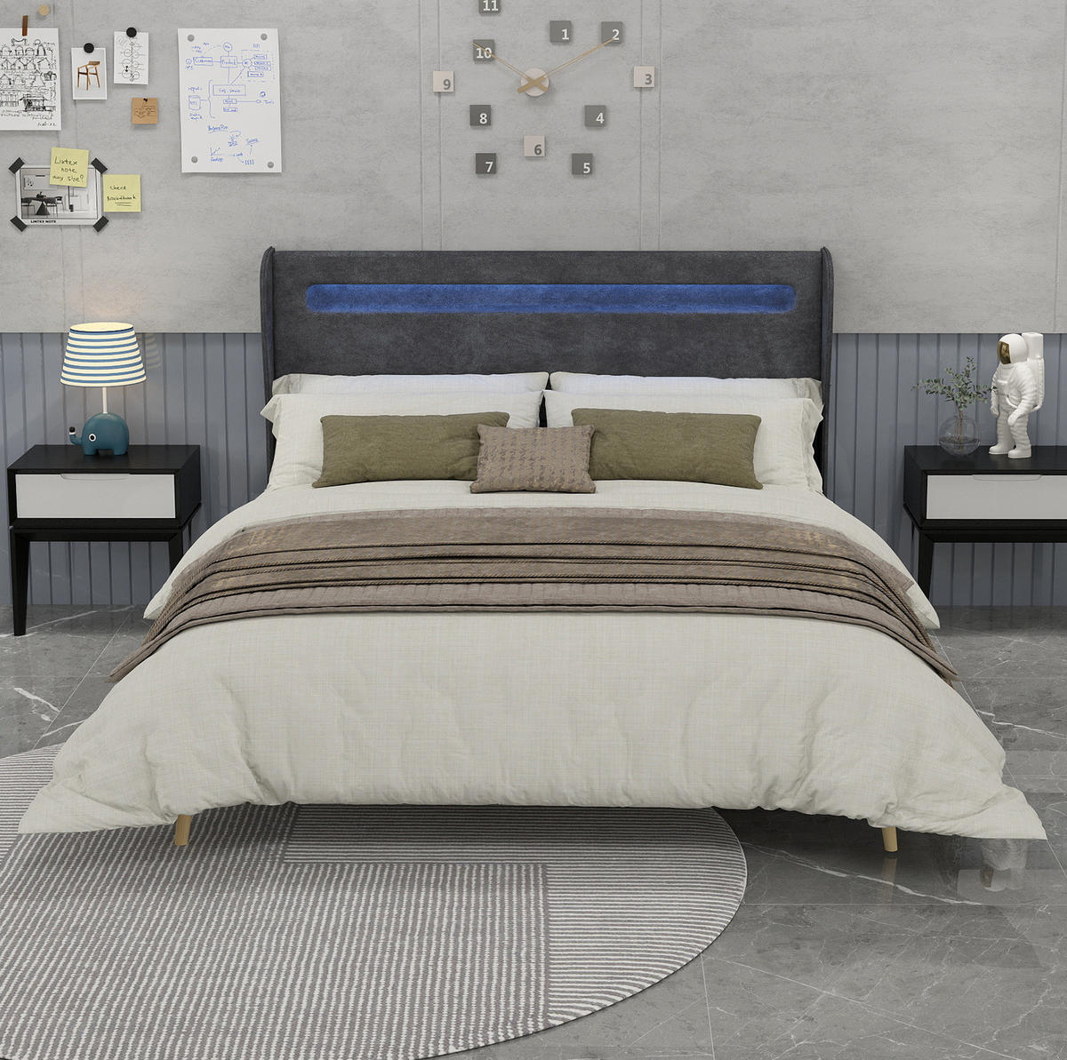 ČALOUNĚNÁ postel 160/200 cm šedá z látky a kovu s LED osvětlením a nastavitelným čelem - šedá, textil (160/200cm) - OKWISH