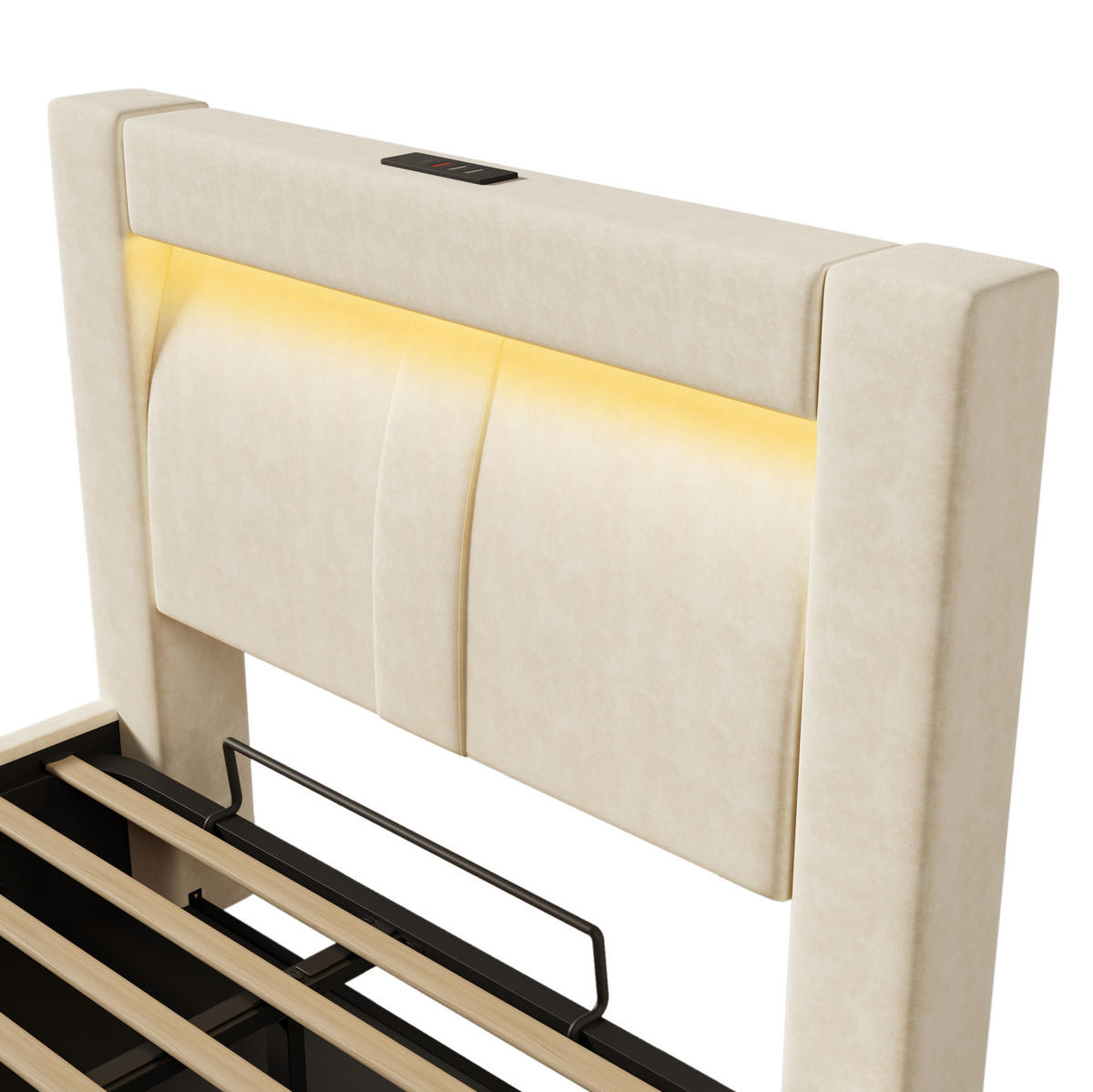 POLSTERBETT aus Samt 90x200 cm in Beige mit LED & Matratze - Beige, Textil (90/200cm) - Modfu