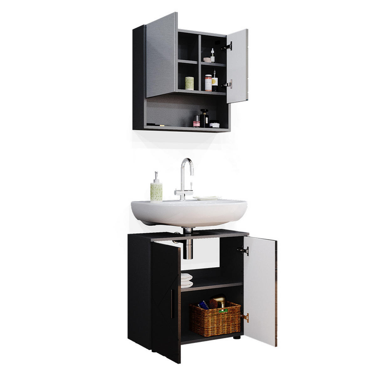 BADMÖBEL-SET Irma Anthrazit Hochglanz 2 Teile, Unterschrank 60 cm - Anthrazit, Holzwerkstoff (80/58.6/41cm) - Vicco