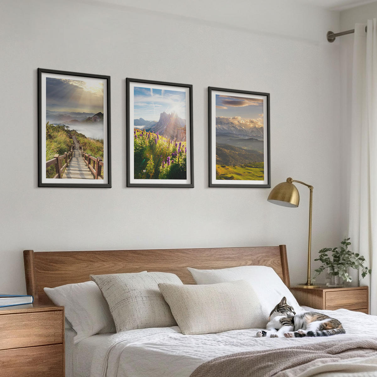 BILDER SET 3er Set - 40x60 cm Schwarzer Rahmen - Berglandschaft mit Blumen - Schwarz, Kunststoff (40/60cm) - TULUP